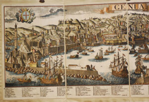 View of Genoa by Probst, original engraving hand watercolored.