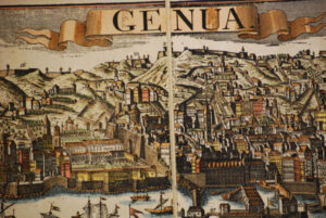 View of Genoa by Probst, original engraving hand watercolored.