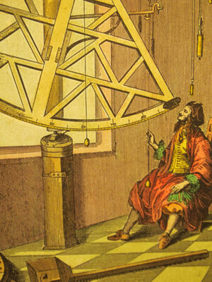 Grabado acuarelado, reedición de 'Astrolabio de madera' de Hevel de 1648