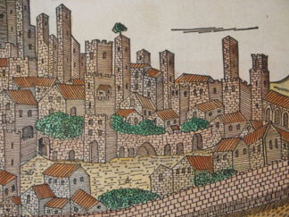 View of S. Gimignano, original engraving hand watercolored