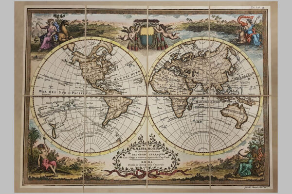 Map of the World or General Description of the Globe with the Journeys and New Discoveries of Captain James Cook by Giovanni Maria Cassini – 1788, original engraving hand watercolored.