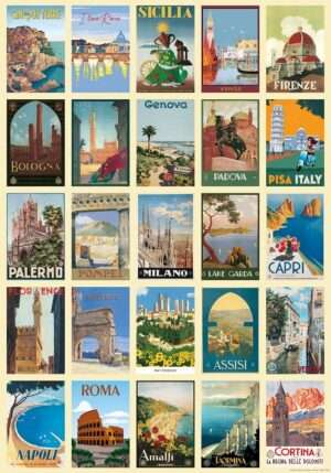 Geschenkpapier mit alten Tourismuswerbeplakaten italienischer Ortschaften und Städte