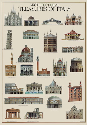 Papel de regalo representante arquitectura italiana de iglesias y palacios famosos.
