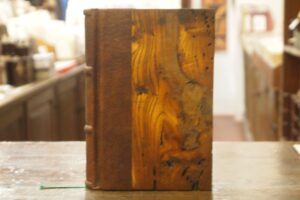 Small leather bound journal, secular elm wood cover and hand made Amalfi paper