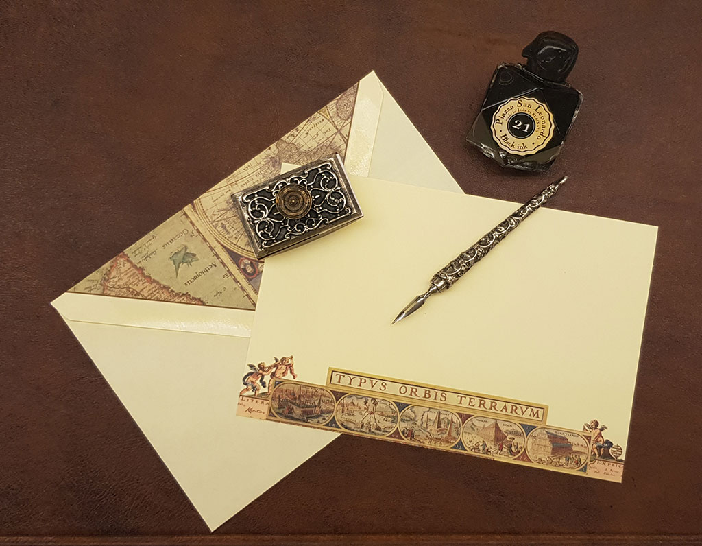 Set de regalo de caligrafía con pequeña pluma y tampón de secado de tinta en peltre