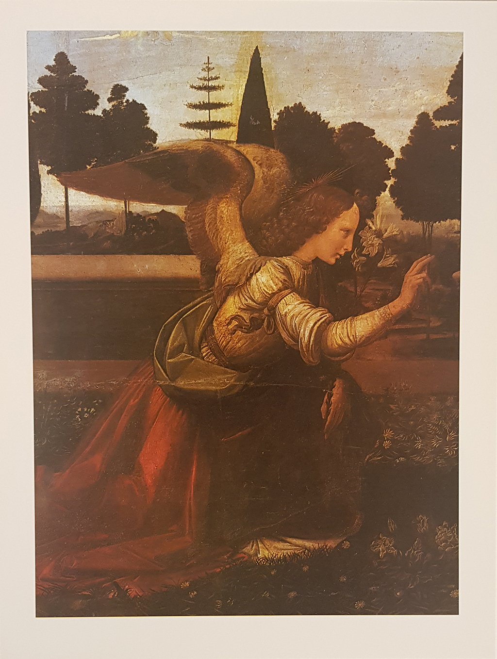 Angel, detail of the Annunciation by Leonardo da Vinci, Uffizi Gallery, Florence, Signum
