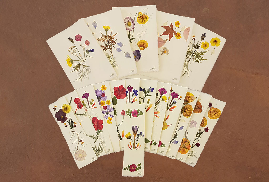 Glückwunschkarten und Lesezeichen mit echten getrockneten Blumen