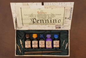 Calligraphic set with pen holder, nibs and 5 inks