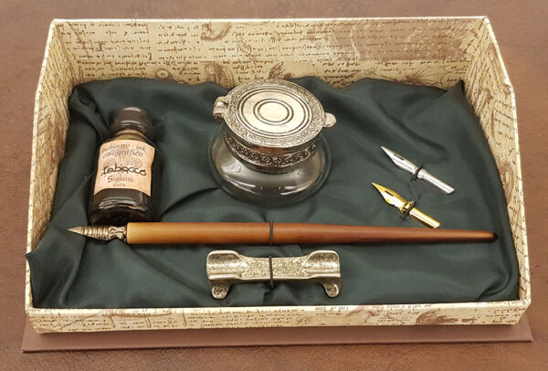 Calligraphic gift set with pen holder, nibs, inkwell and ink