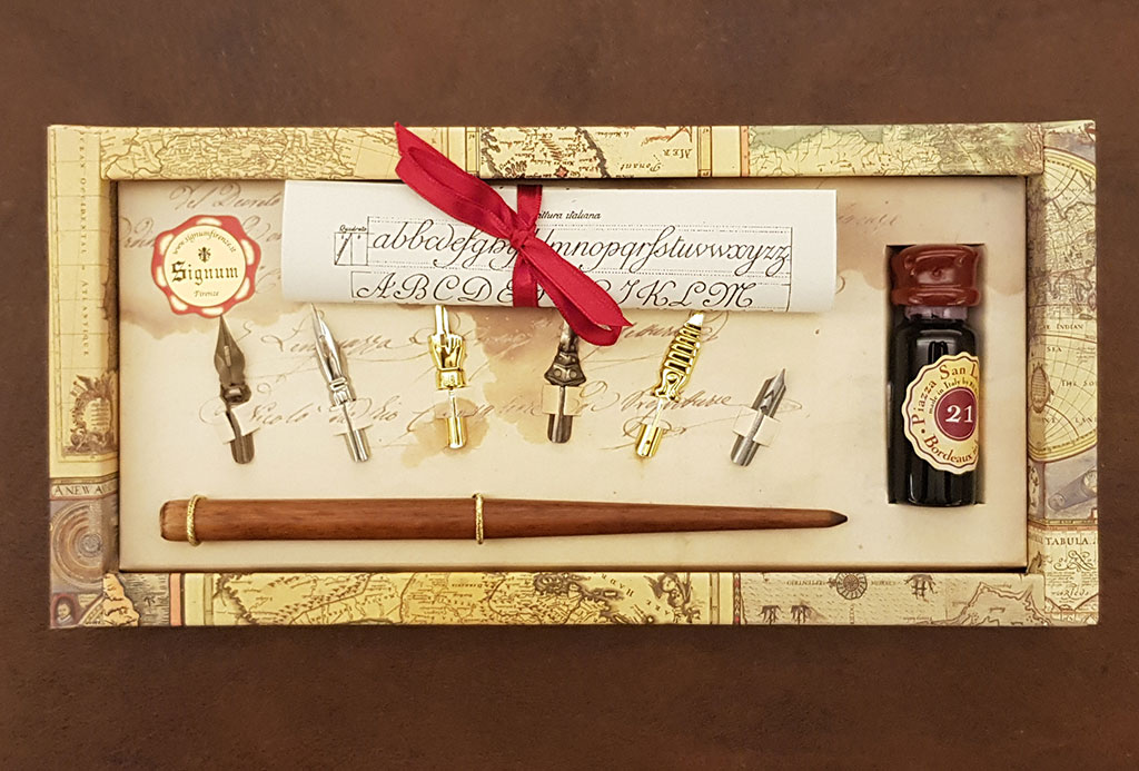 Kalligraphie Geschenkset mit Holzfederhalter, 6 Federn und Tinte