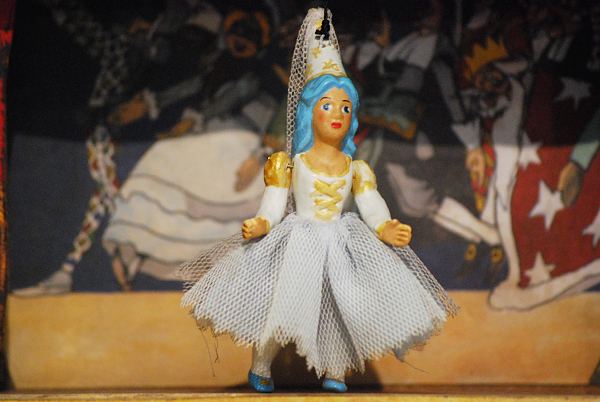 Blue Fairy, small terracotta puppet made up of five hand-decorated jointed pieces and dressed in cotton