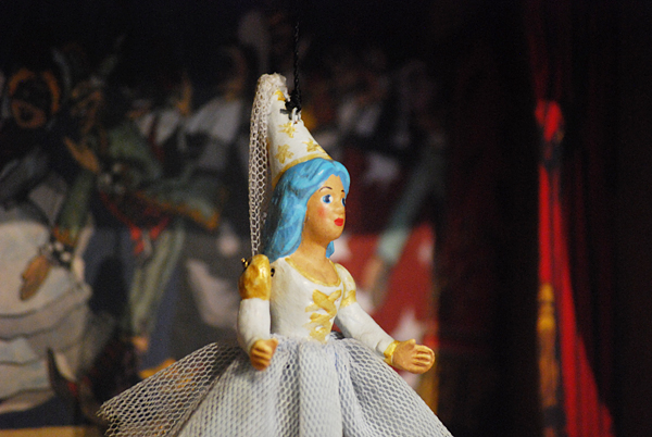 Blue Fairy, small terracotta puppet made up of five hand-decorated jointed pieces and dressed in cotton