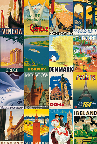 Papel de regalo representante pósters publicitarios retro de localidades y países europeos