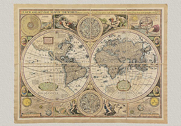 Weltkarte A New and Accurat Map of the World von G. Humble (1626), orignal Radierung handgefärbt.