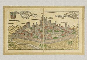 View of S. Gimignano, original engraving hand watercolored